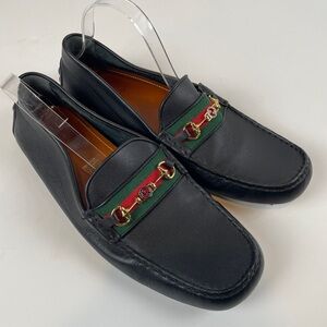 GUCCI Black Leather Driving Loafer Flat LOGO Horsebit Green Red Stripe MENS 11